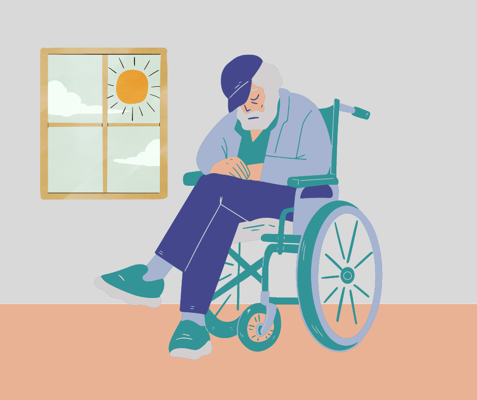 an elderly man sits with his head down in a wheelchair. There is a window witha sunny day outside.